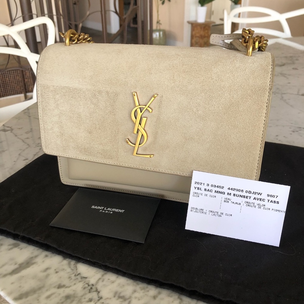 SOLD Saint Laurent YSL Monogram Sunset beige bag suede & calf skin Medium.